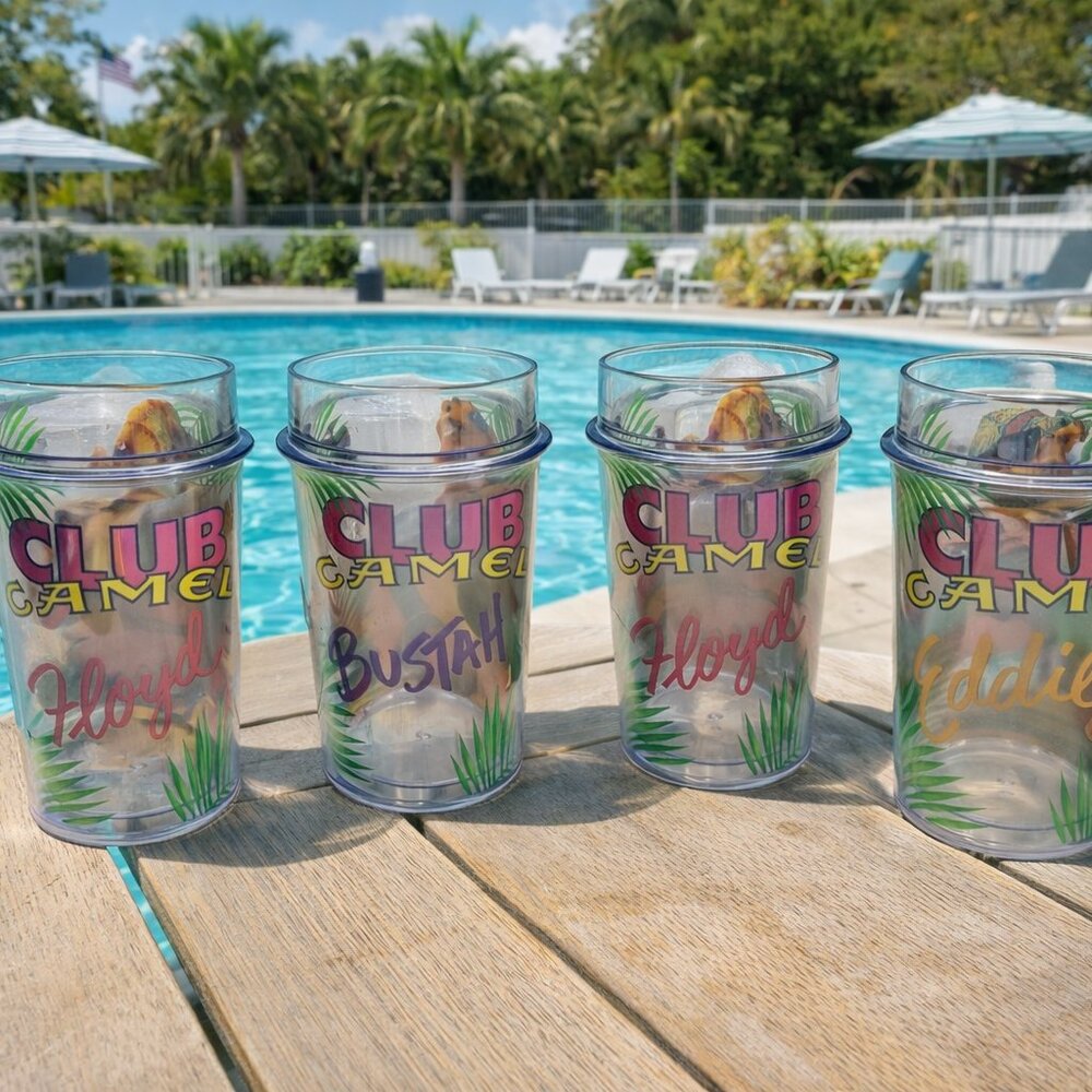 Vtg. Thermo Serv. 4 Club Camel Tumbler's 2 Floyd's Bustah & Eddie Made in U.S.A.